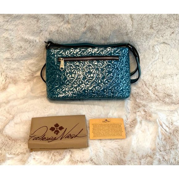 NWT Patricia Nash Aimee Teal Metallic Floret Tooled Crossbody P1085528 - Picture 4 of 14